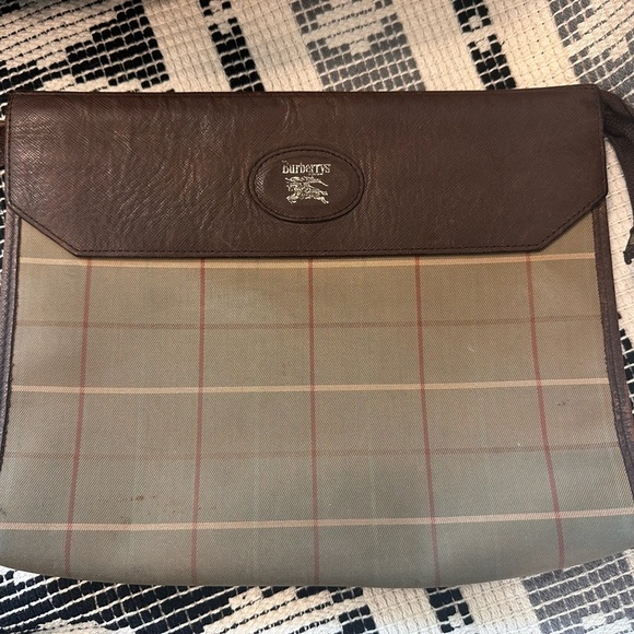 Burberry Handbags - Burberrys brown leather and plaid clutch